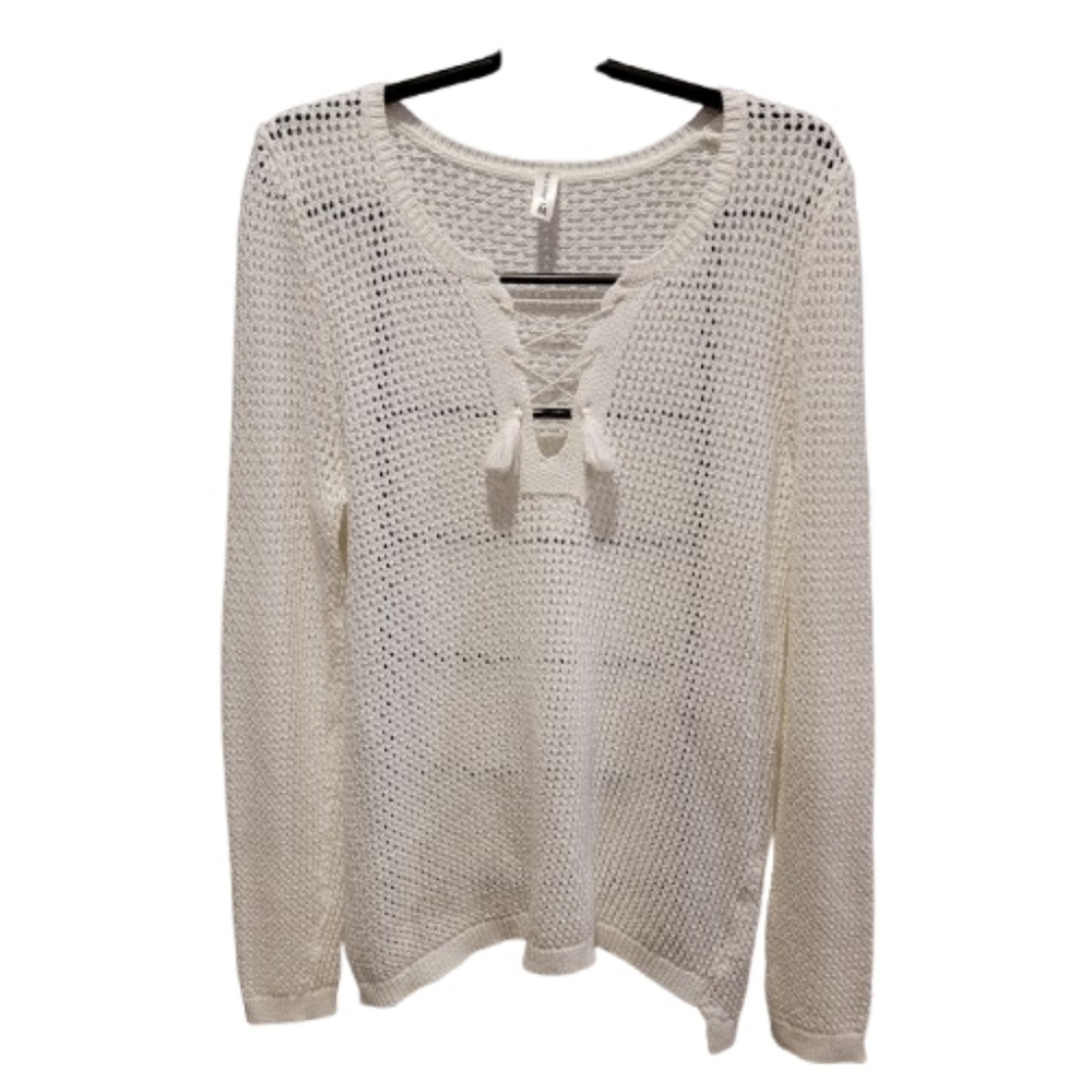 Soft As A Grape Open Knit with Lace-Up Detail Sweater Warm White Medium - Picture 4 of 13